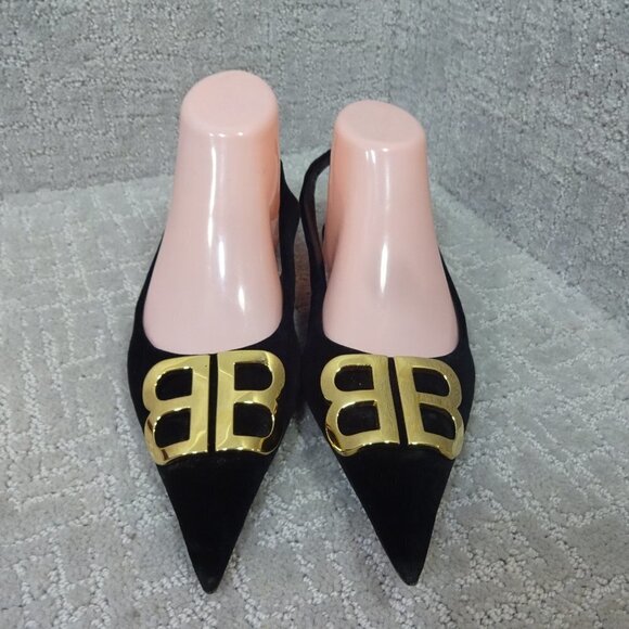 BALENCIAGA Women's Size EU 38.5 Black Velour Logo Pointed Toe Sandals - Picture 1 of 14